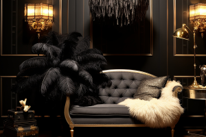 speakeasy couch with old typewriter and feather boa